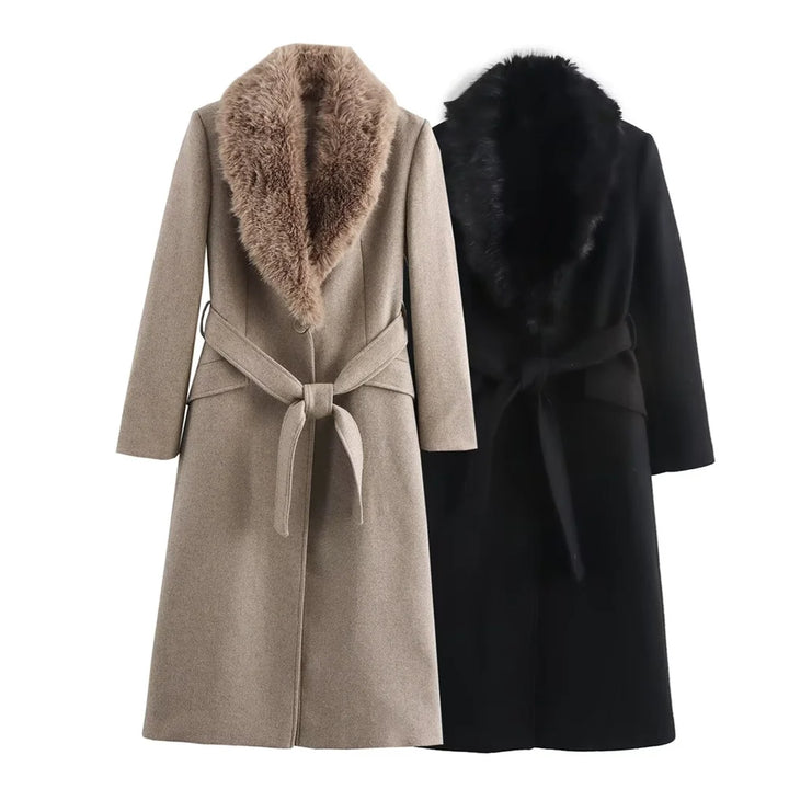 Belted Faux Fur Trim Coat