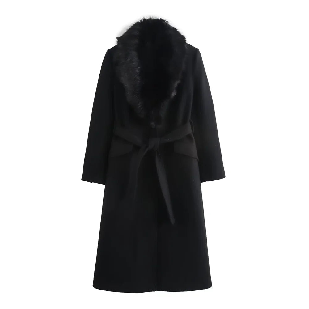 Belted Faux Fur Trim Coat